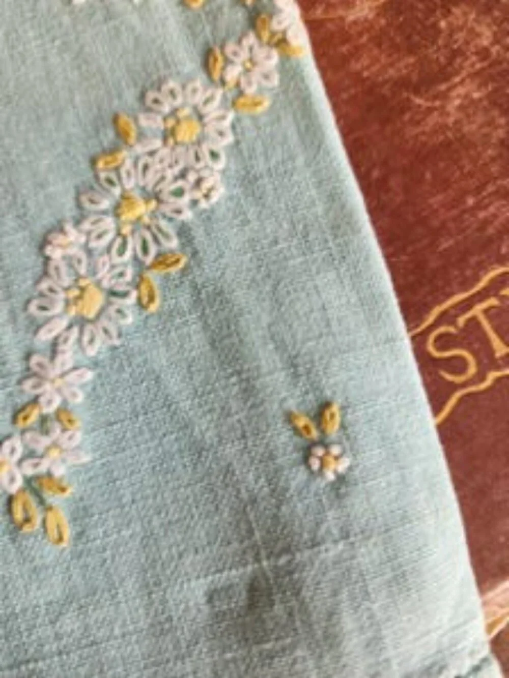 Vintage 1930s Tea Towel, Mint Green Linen with Daisy Floral Embroidery Fingertip